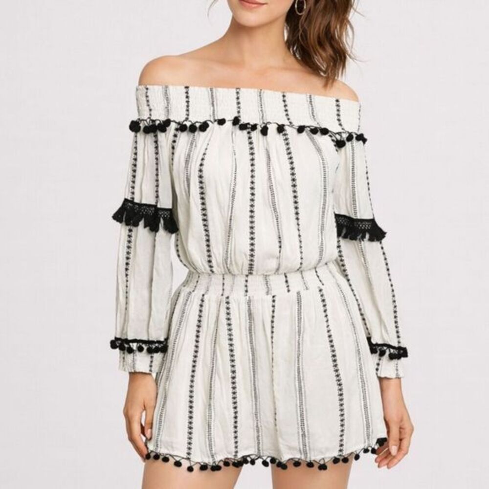 Tularosa Jacqueline Tunic Mini Dress Ivory Striped Pom Pom Trim Women’s XS